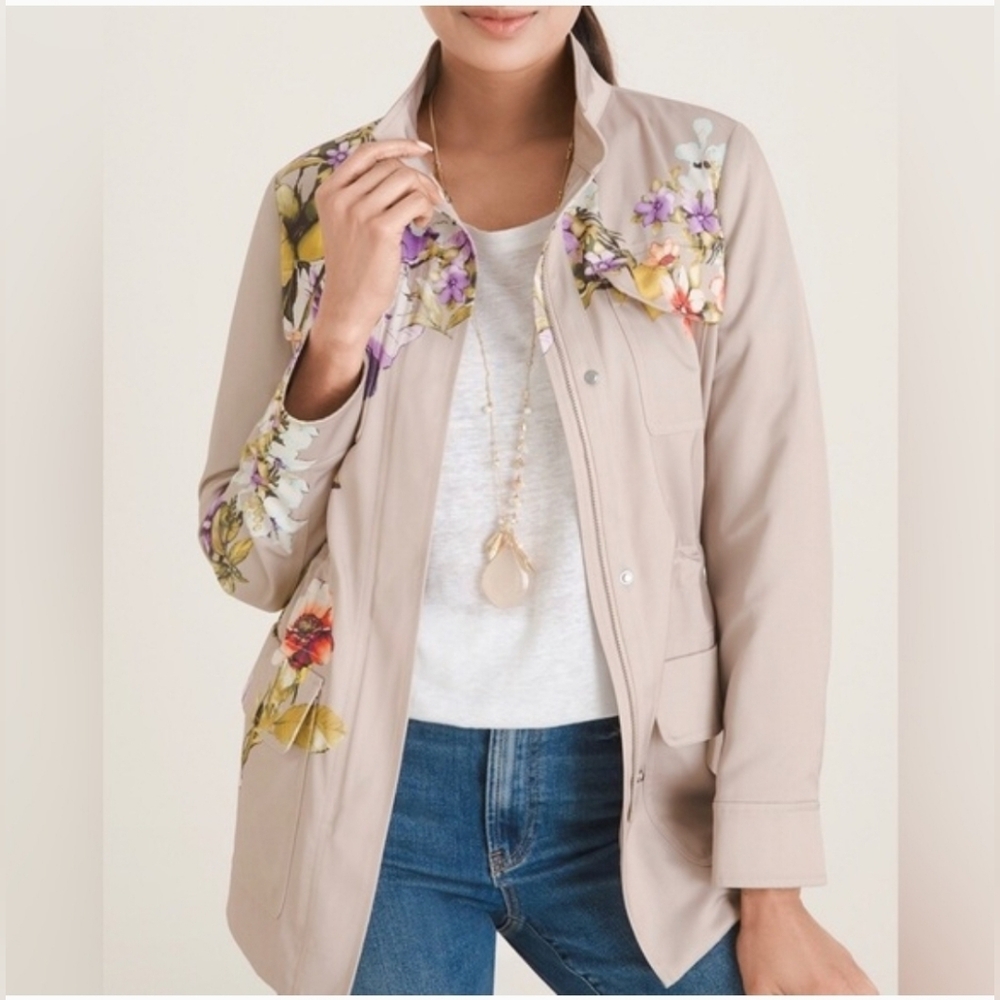Chicos Floral Satin Utility Jacket In Tan Buttercream Women's Extra Large 3